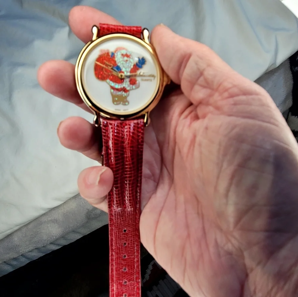 Santa Wrist Watch Adjustable Leather Strap, Vintage Red Sparkly